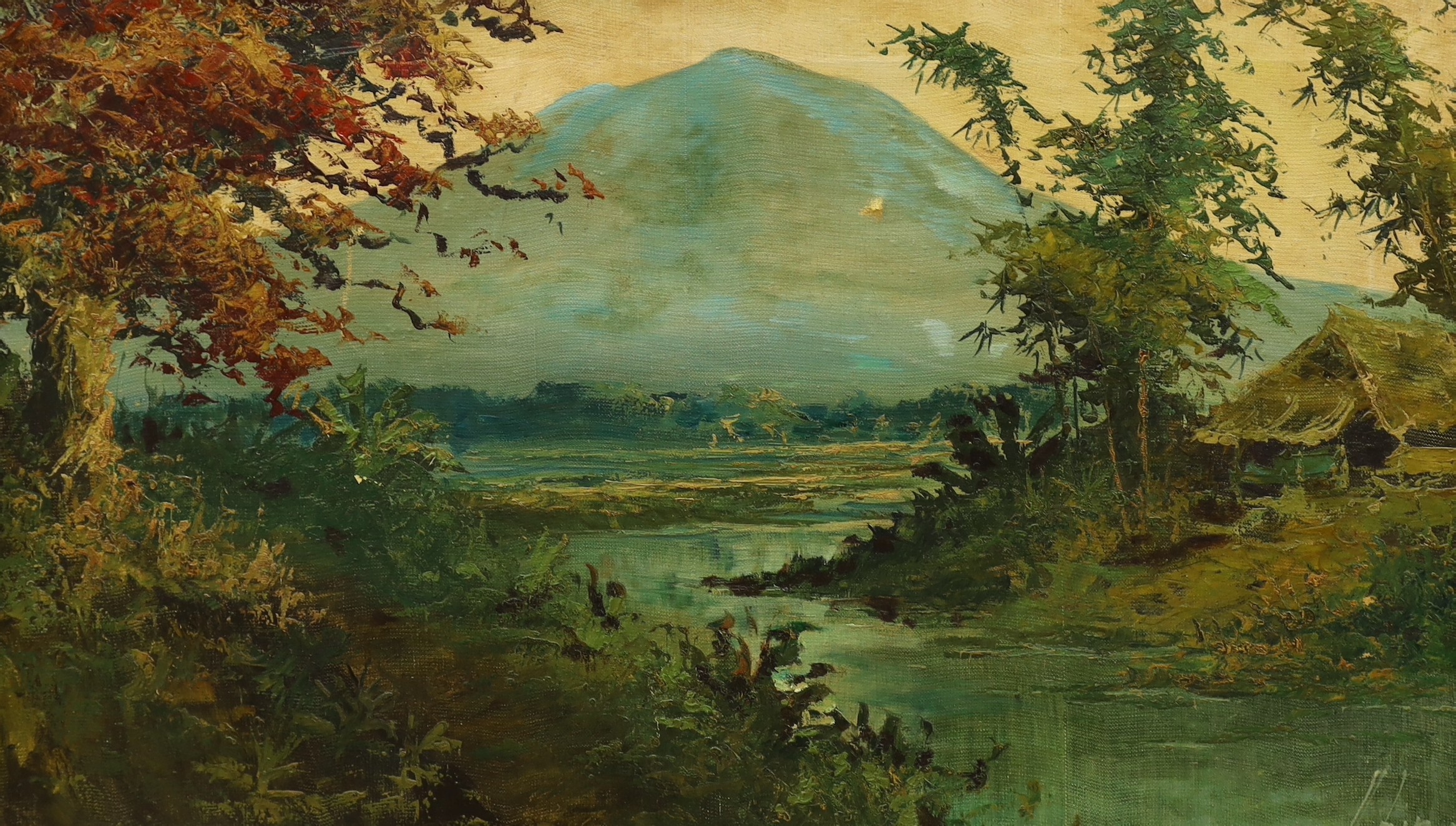 Asian School, pair of oils on canvas, River landscapes, 47 x 79cm